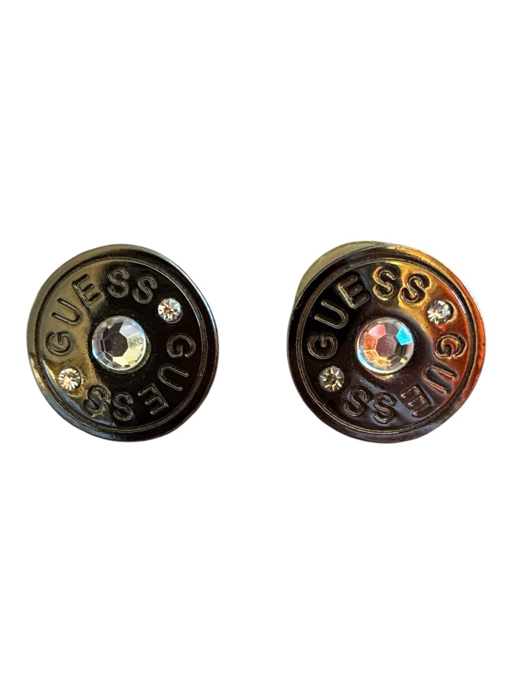 GUESS Gunmetal Toned Logo Earrings with Crystal Accents